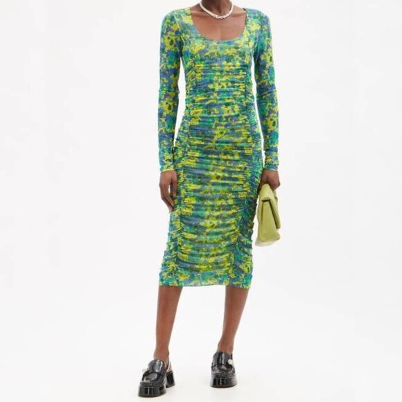 Ganni Green Ruched Printed Mesh Midi Dress - Picture 1 of 13